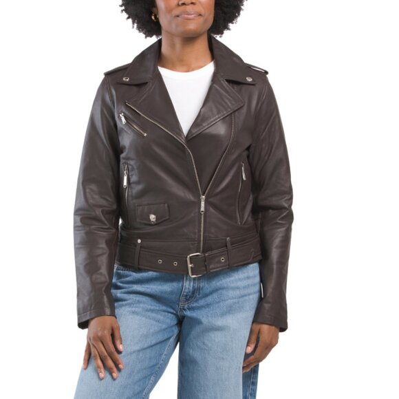 SAM EDELMAN Brown Belted Moto Jacket
